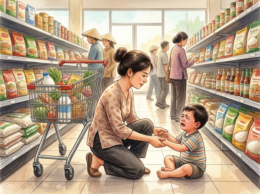 Khi con ăn vạ giữa siêu thị: điều gì đang xảy ra trong đầu con và cha mẹ nên làm gì