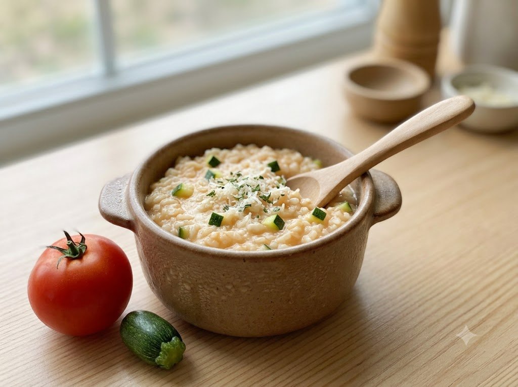 Risotto cà chua bí ngòi kiểu Ý cho bé tập ăn cơm