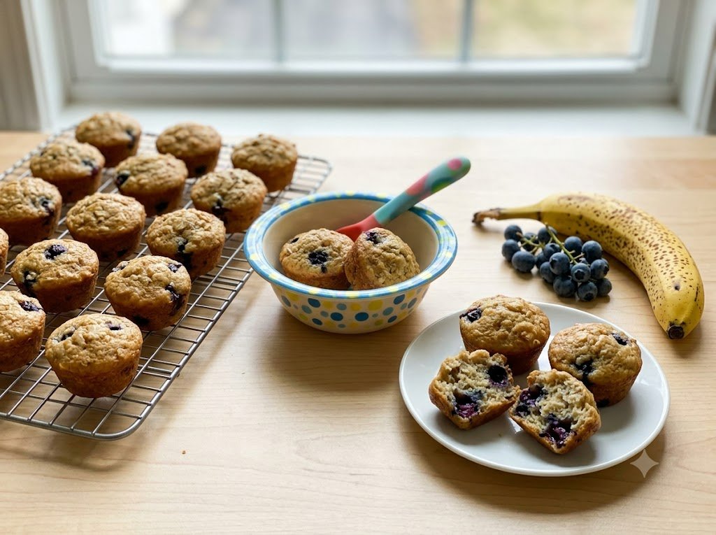 Muffin chuối việt quất yến mạch không đường cho bé ăn bốc